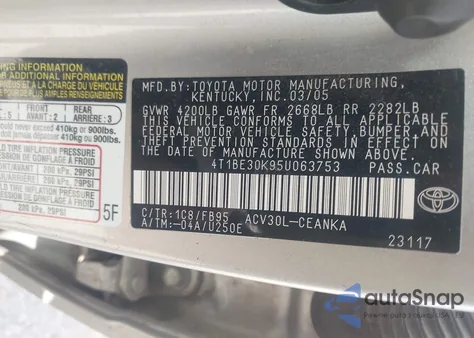 2005 Toyota Camry Le from USA, damaged, VIN 4T1BE30K95U063753